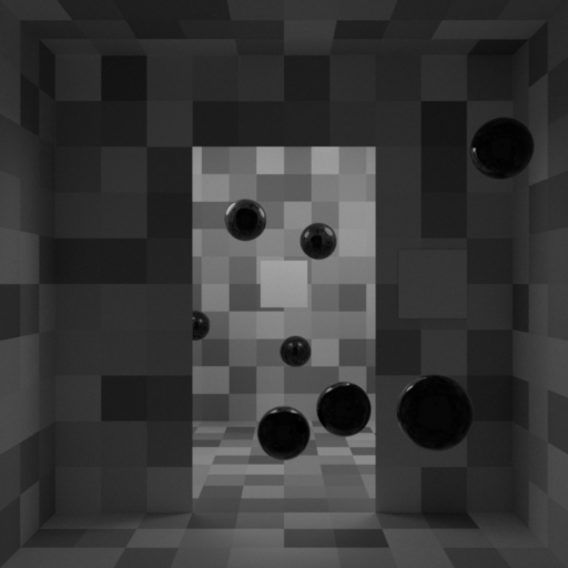 Rendering of a room with checkerboard walls and floating mirror-reflective spheres