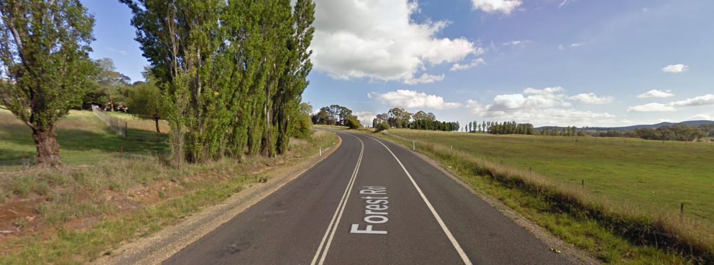 Photo of an inclining stretch of road with green fields either side and a row of trees on the left.